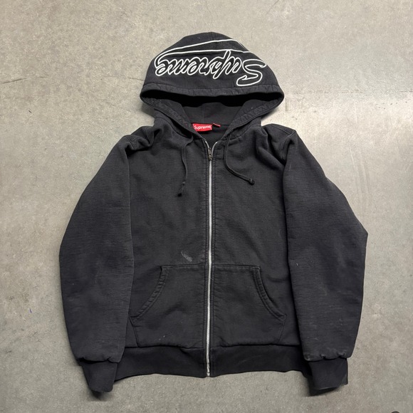 Supreme Other - Supreme Script Logo Thermal Lined Zip Up Hoodie Mens Medium Black Made in Canada